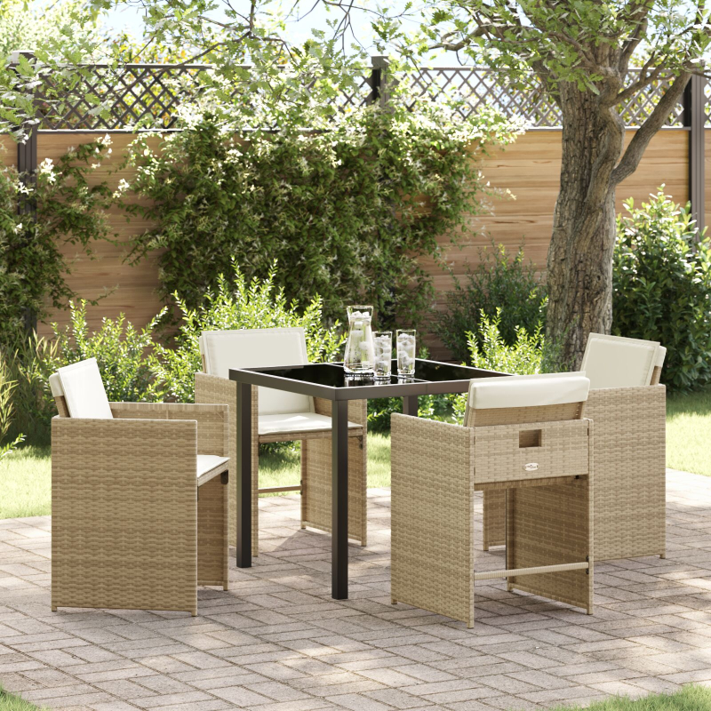 5-teiliges Garten-Essstuhlset mit Kissen Beige Poly-Rattan