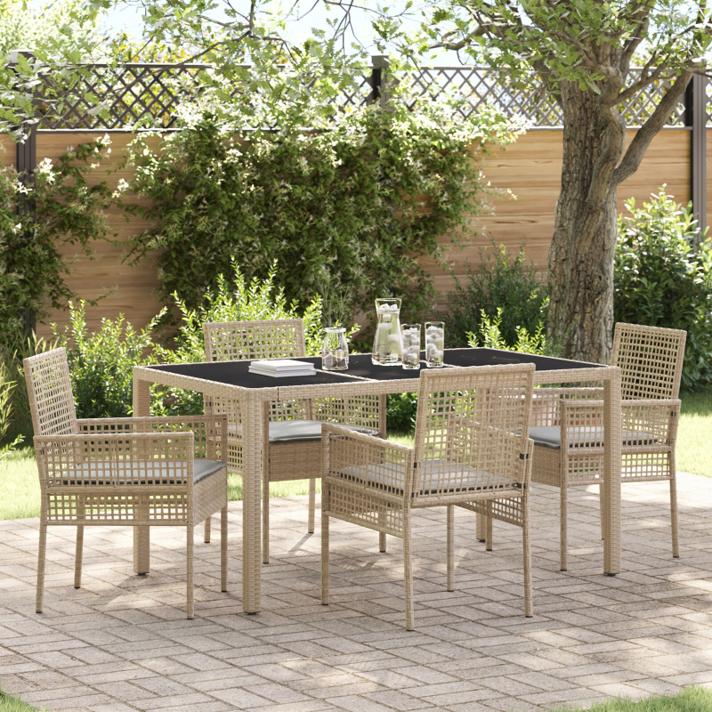5-teilige Garten-Essgruppe mit Kissen Beige Poly Rattan