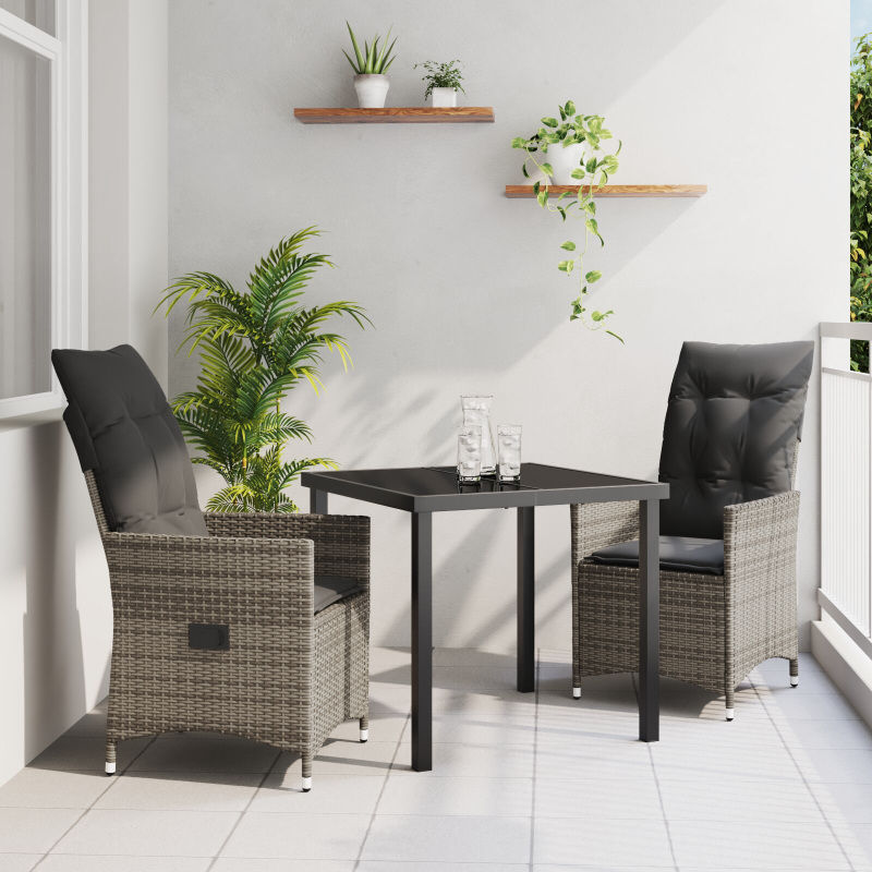 3-teiliges Garten-Esszimmer-Set mit Kissen Grau Poly-Rattan