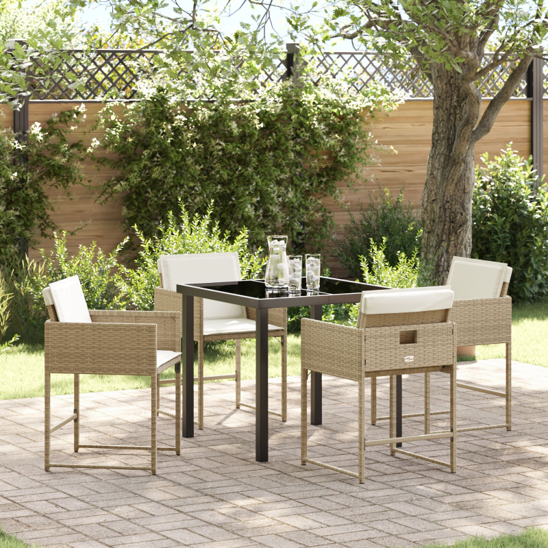 5-teiliges Garten Essset mit Kissen in Beige aus Poly Rattan