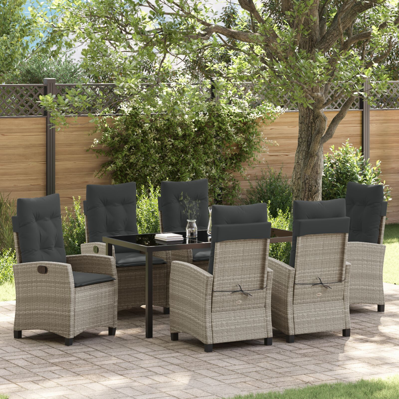 7-teiliges Garten-Dining-Set mit Kissen in Hellgrau Poly Rattan