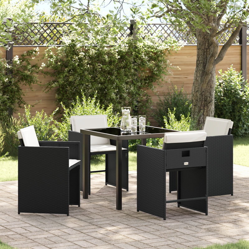 5-teiliges Garten-Dining-Set mit Kissen Schwarz Poly-Rattan
