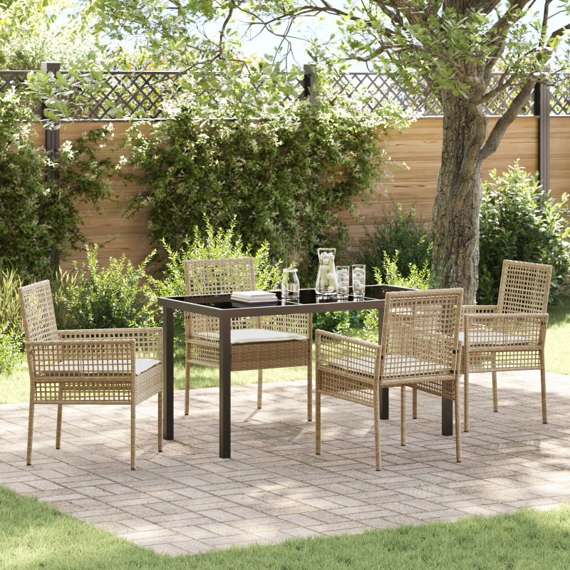 5-teiliges Garten Esszimmer Set mit Kissen Beige Poly Rattan