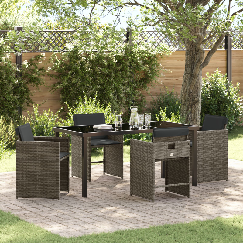 5-teiliges Garten-Ess-Set mit Kissen Grau Poly-Rattan