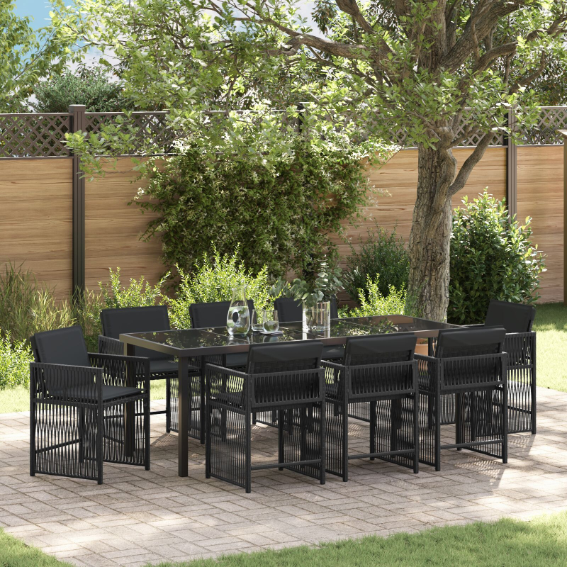 9-teiliges Garten Essset mit Kissen Schwarz Poly Rattan