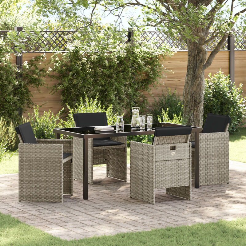 5-teiliges Garten Ess-Set mit Kissen, hellgrau, Poly Rattan