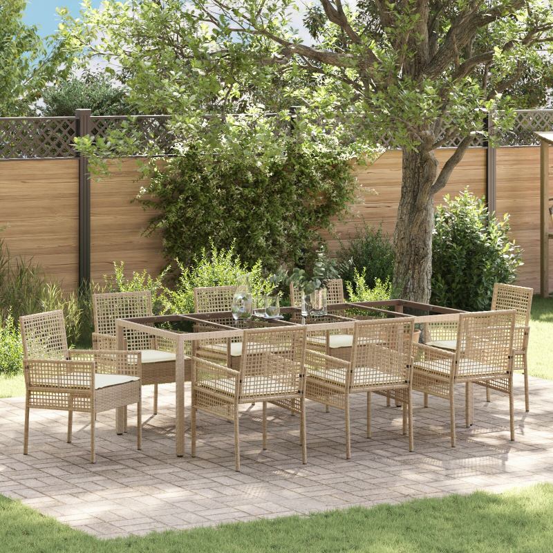 9-teiliges Garten-Esszimmer-Set mit Kissen Beige Poly-Rattan