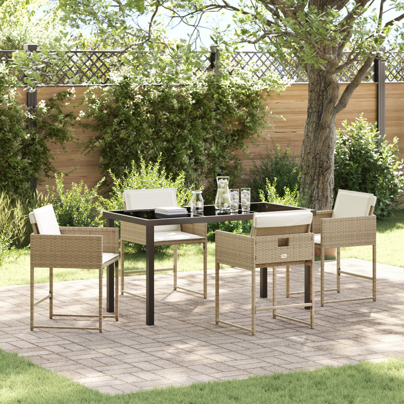 5-teiliges Garten Esszimmer Set mit Kissen Beige Poly Rattan