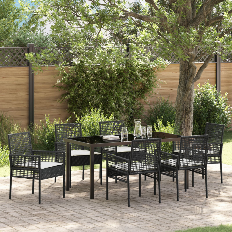 7-teiliges Garten Essset mit Kissen Schwarzes Poly-Rattan