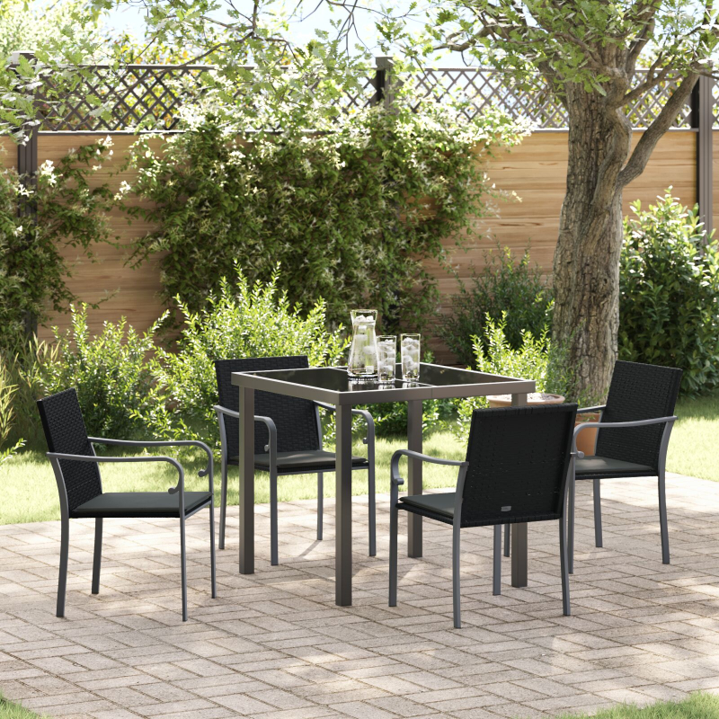 5-teiliges Garten-Dining-Set mit Kissen in Schwarz aus Poly-Rattan