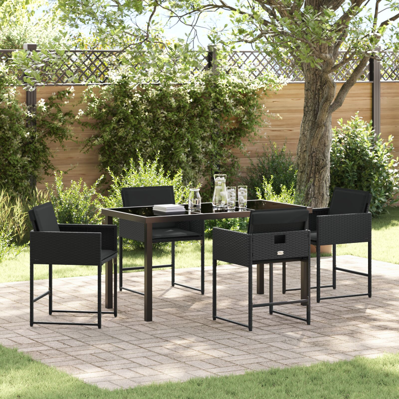 5-teilige Garten-Essgruppe mit Kissen Schwarz Poly Rattan
