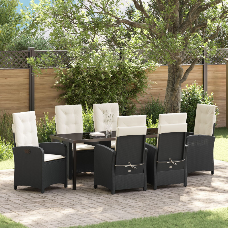 7-teiliges Garten-Essbereich-Set mit Kissen Schwarz Poly Rattan