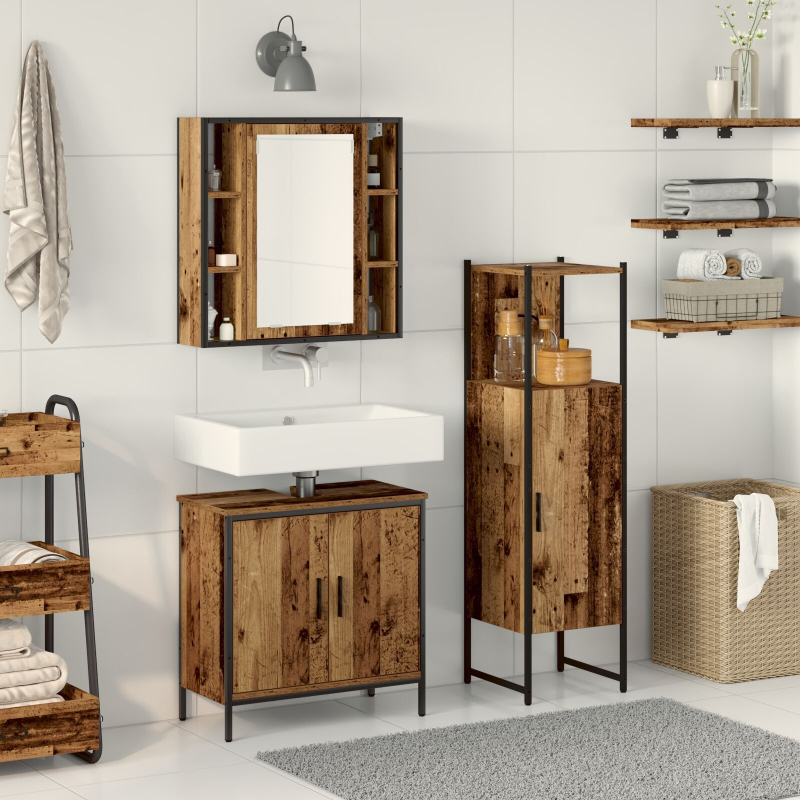 3-teiliges Badezimmermöbel-Set Altholz