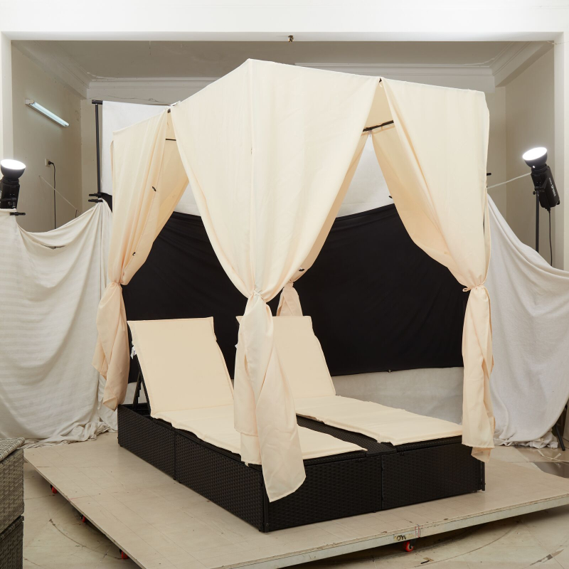 Doppel-Sonnenliege mit Dach und Vorhängen Schwarz Poly-Rattan