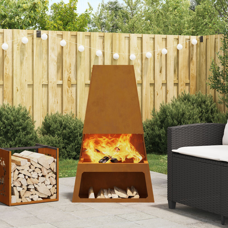 Feuerstelle mit Holzlager 60x35x100 cm Wetterfester Stahl